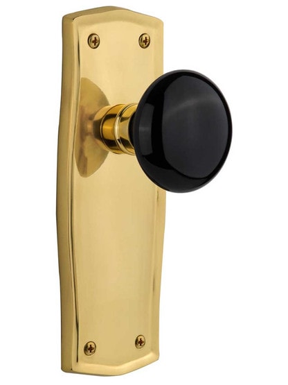 Prairie Door Set with Black Porcelain Knobs - No Keyhole in Polished Brass .